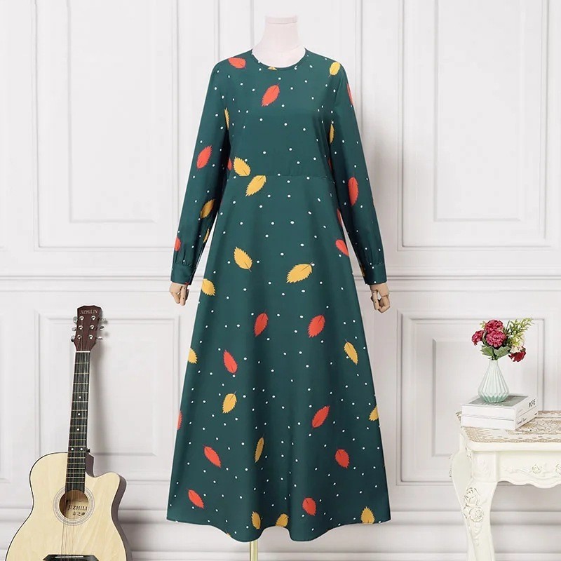 Women's Casual Fashion Dress in Stock Leaf And Polka Dot Print Long Sleeved Bohemian Style Full Skirt Cross Border_ecoleips.com