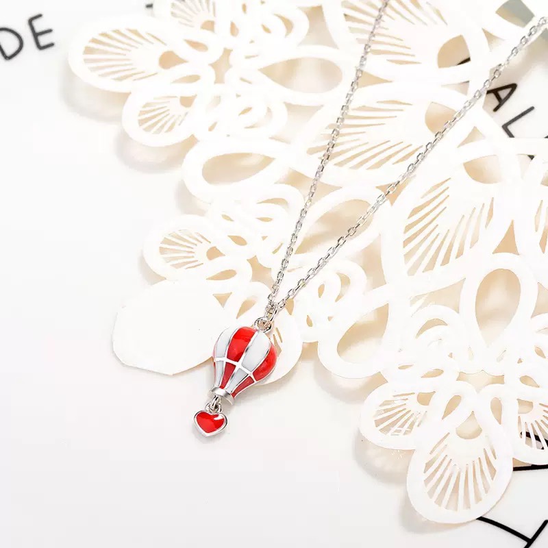 wholesale S925 Sterling Silver Red Heart-shaped Hot Air Balloon Necklace, Fashionable Korean-style Design, Versatile and Personalized Collarbone Chain-0-1