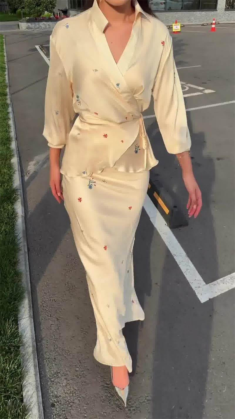 Fashionable Elegant Women's Satin Long Sleeved Top Skirt Set Tie Waist European American Style Cross Border New 2025_ecoleips.com