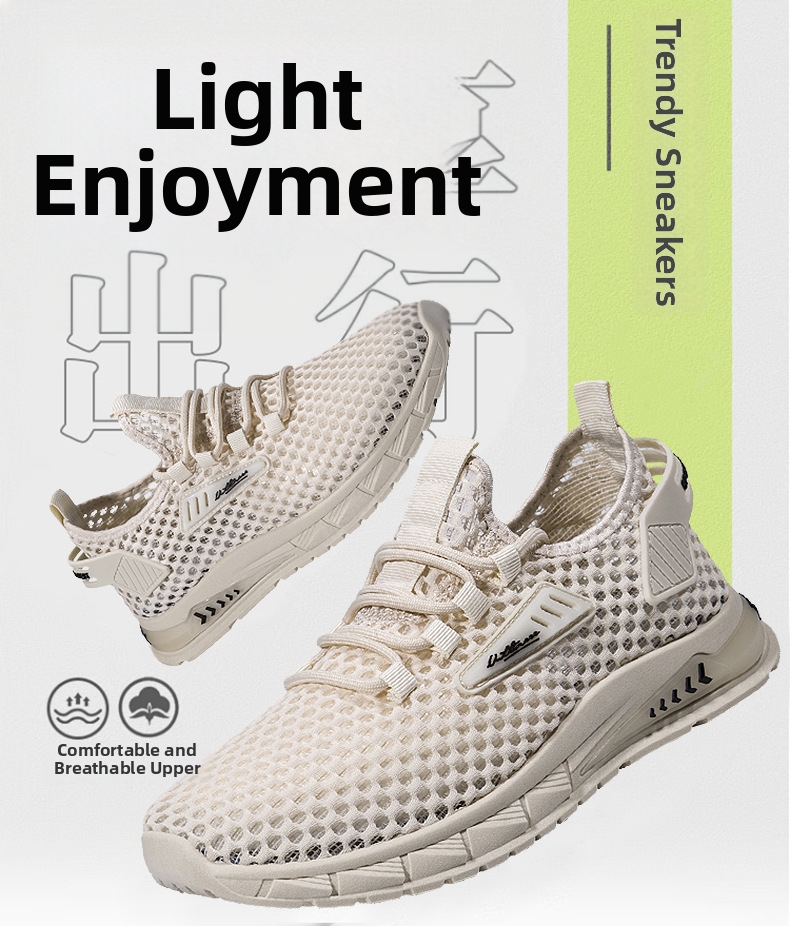 Men's Summer Sports Shoes Breathable Mesh Hollow Out Lightweight Flyknit Size 39-48 White Black Casual_voghion.com