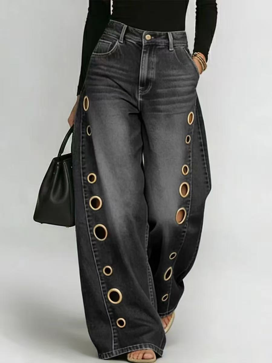 LD2814 Women's Straight Leg Jeans Whiskered Wash Loose Fit Curved Eyelet New Export_mkmklike.com