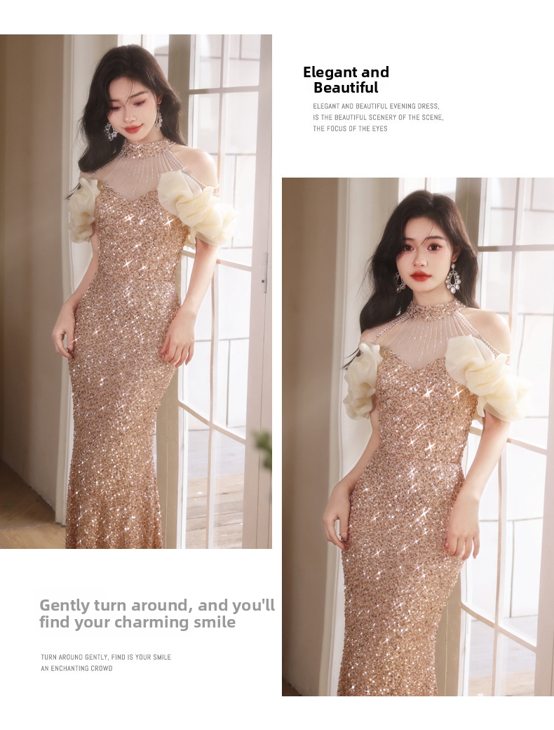 Gold Evening Gown New Style French Sequined Waist Cinching Mermaid Skirt Toasting Banquet Dress Art Exam Wear For Women_ecoleips.com