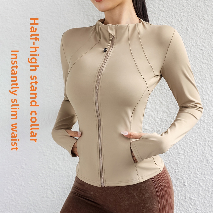 Women's Long Sleeved Slim Fit Sports Jacket Stand Up Collar Zip Up Running Cycling Yoga Fitness Top Sun Protection Clothing_voghion.com