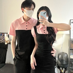 Pink Suspender Shirt Fake Two-Piece Spliced ​​Puff Sleeve Dress Women's Summer Waist Slimming Hip Skirt Short Skirt
