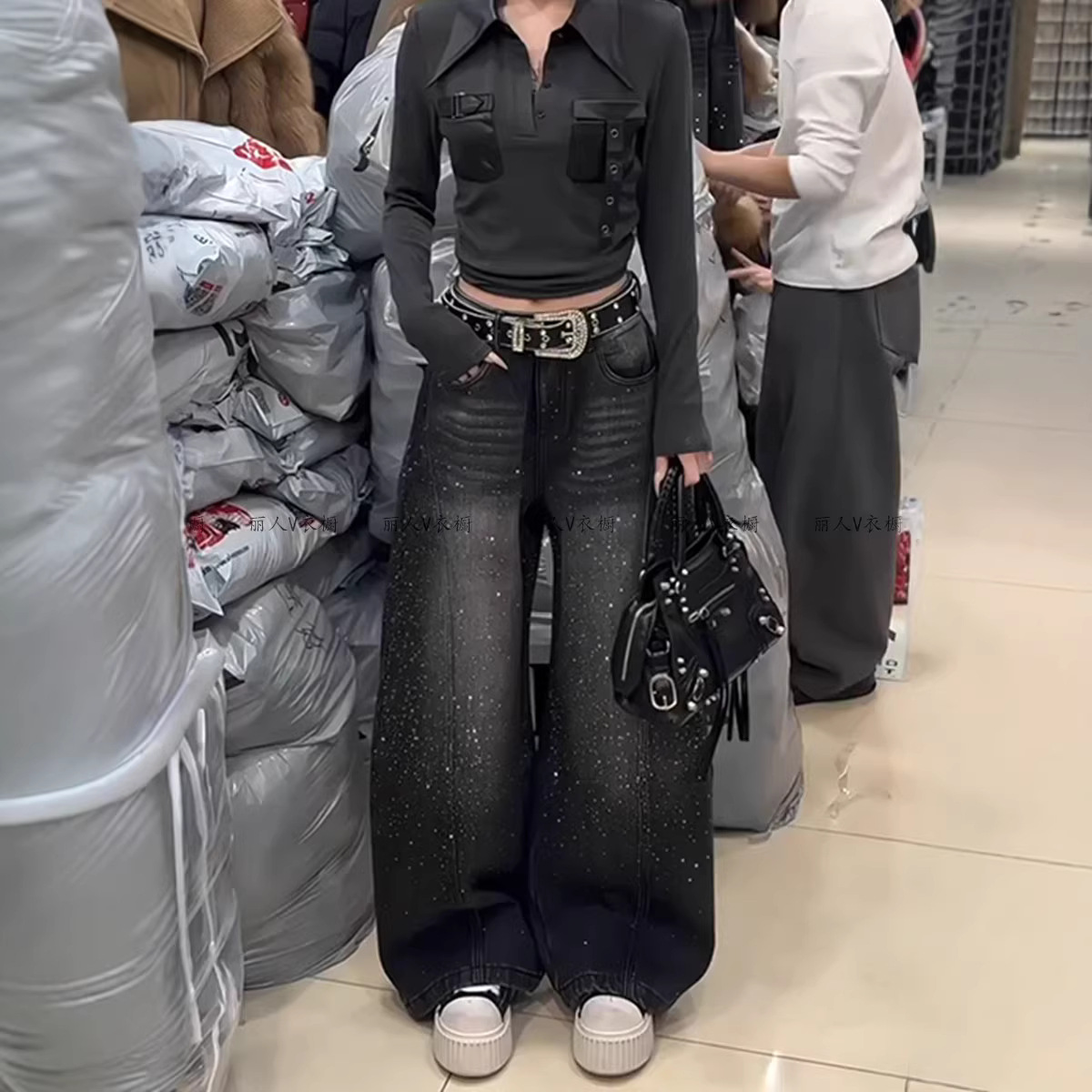 Jeans da donna High Street a vestibilità ampia, con strass e dettagli a cielo stellato, lunghezza fino al pavimento, casual, per ragazze alla moda_voghion.com