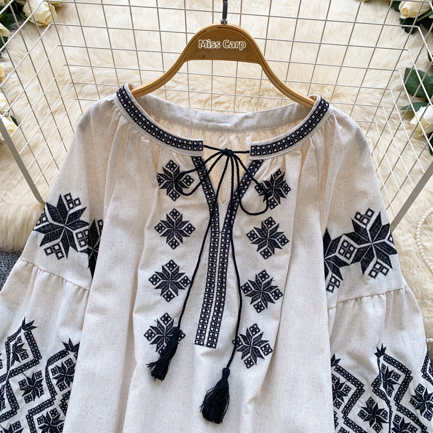 Women's Bohemian Style Tie Waist Blouse Korean Summer Loose Fit Top Heavy Embroidery Lantern Sleeve Slimming Blouse_ecoleips.com