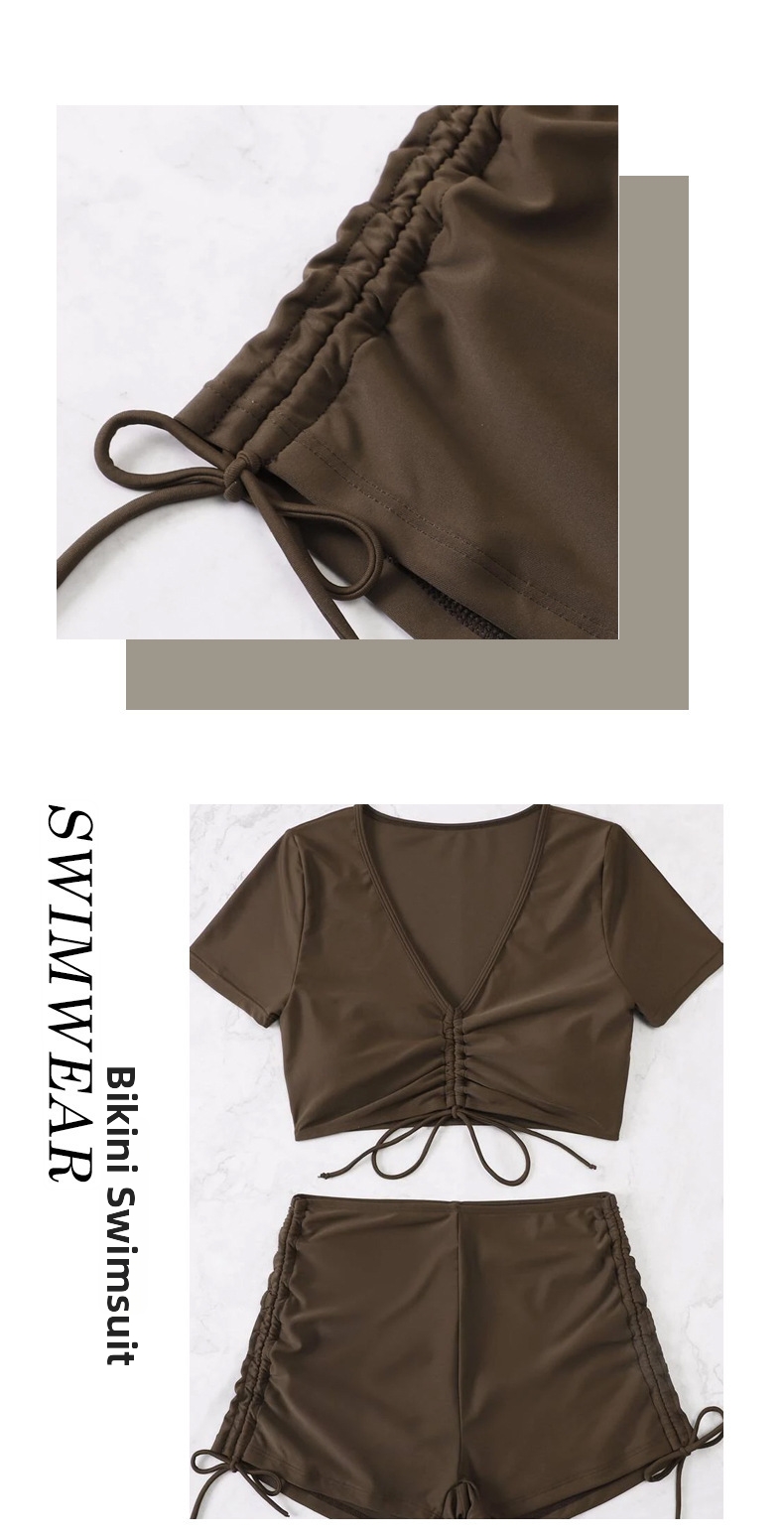 Women's Drawstring V-Neck Short Sleeve Two-Piece Swimsuit Conservative Beach Bikini European American Style Hot Spring Swimwear 2026_ecoleips.com