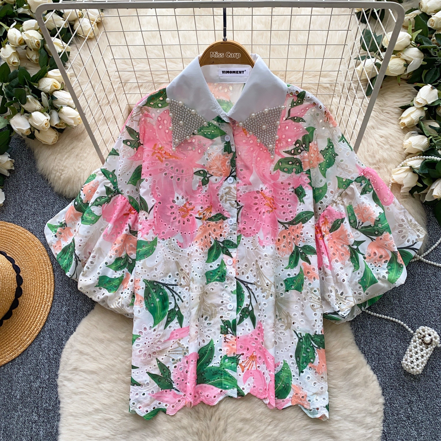 Women's Rhinestone Embellished Peter Pan Collar Lantern Sleeve Printed Shirt Loose Fitting Cardigan Top Summer Short Sleeved Heavy Duty_ecoleips.com