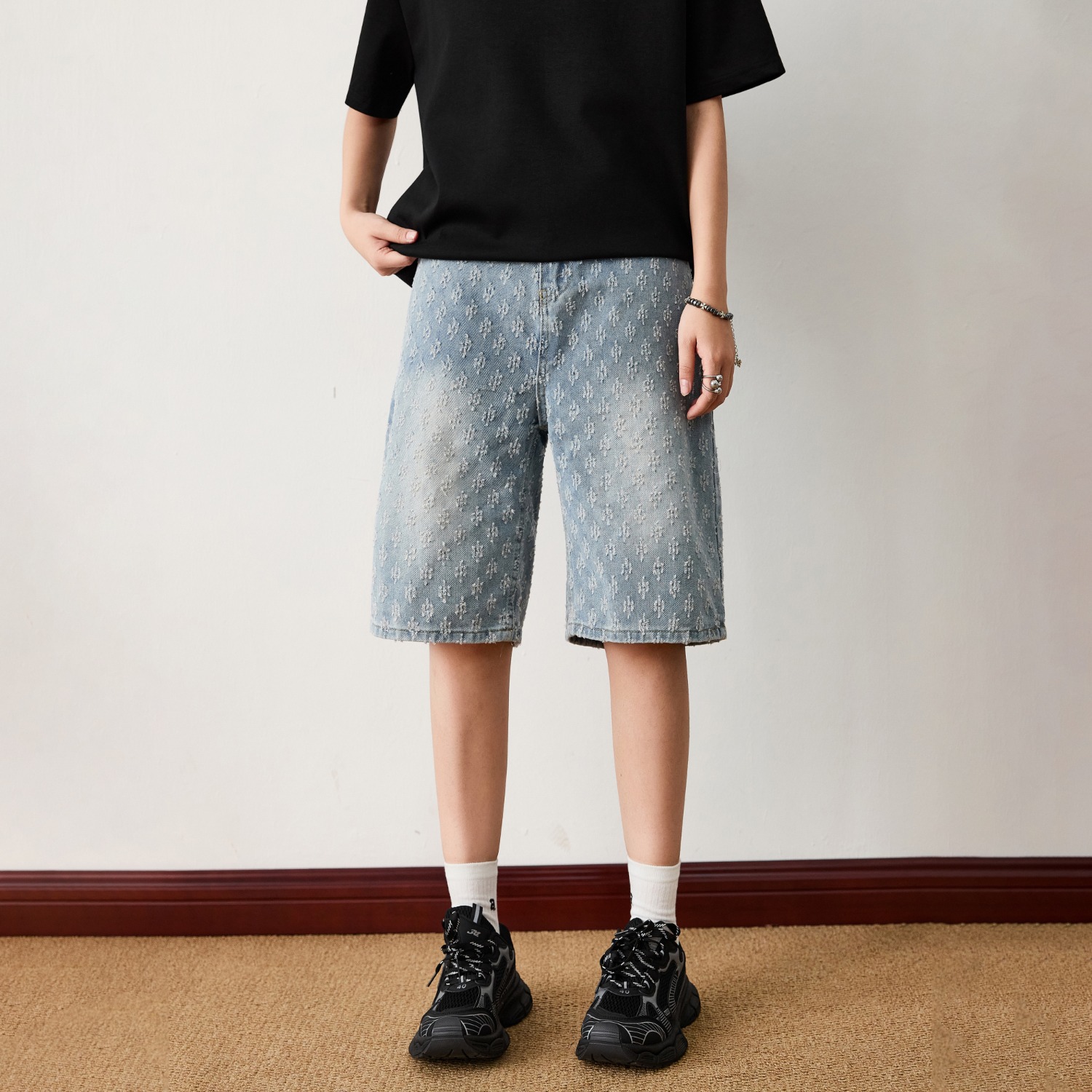 Herren Jacquard Jeansshorts Lockere Passform Gerade Geschnitten_voghion.com