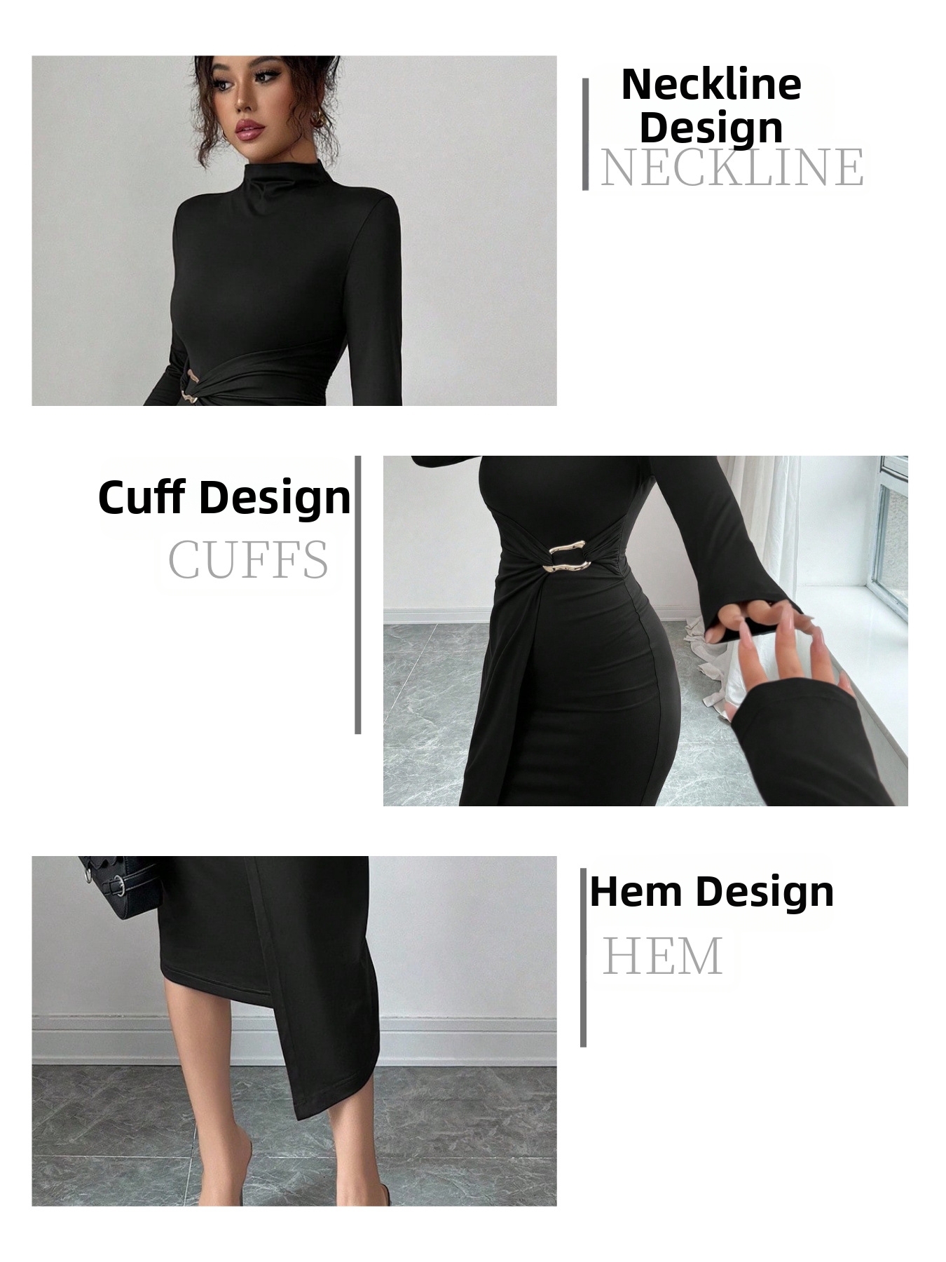 Spring New Arrival Women's Stand Collar Knitted Dress Solid Color Slim Fit Metal Button Style_ecoleips.com