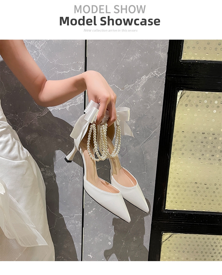 Women's French Style Elegant High Heels Pointed Toe Hollow Pearl Chain Bow Stiletto Pumps White Wedding Shoes Chunky Heel Plus Size_vogvips.com