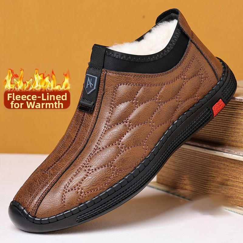 Men's Shoes Fleece Lined Leather Shoes Warm Casual Slip On Cotton Outdoor Autumn Winter Fashion Trendy Style_voghion.com