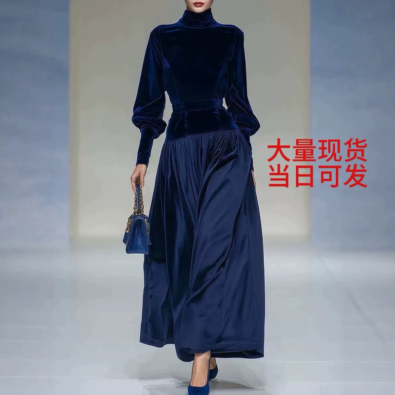 Velvet Patchwork Long-Sleeved Dress European and American Cross-Border Elegant Fashion Casual Eye-Catching Comfortable Long Dress Velvet Patchwork Long-Sleeved Dress European and American Cross-Border Elegant Fashion Casual Eye-Catching Comfortable Long Dress
