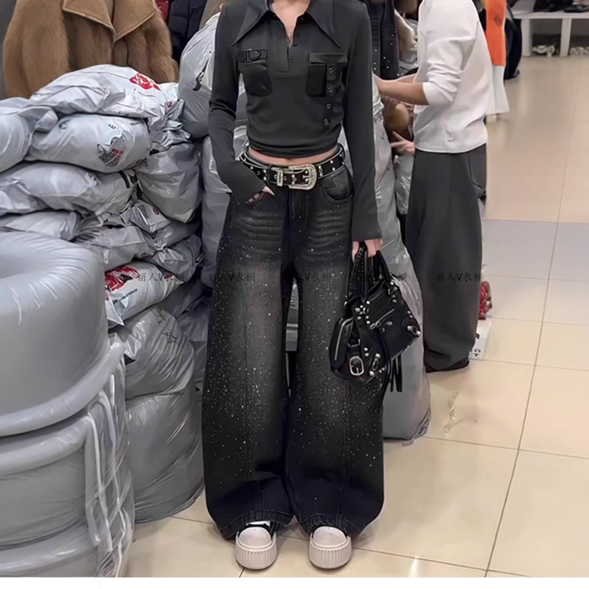 Jeans da donna High Street a vestibilità ampia, con strass e dettagli a cielo stellato, lunghezza fino al pavimento, casual, per ragazze alla moda_voghion.com