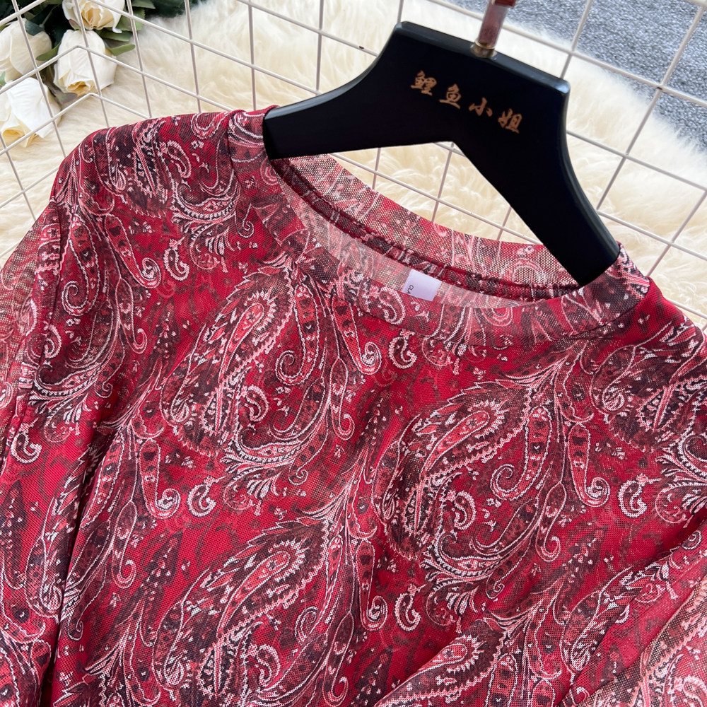 Women's French Romantic Style Red Floral Print Two Piece Set Slim Fit Elegant Waist Cinching Retro Suit for Autumn_ecoleips.com