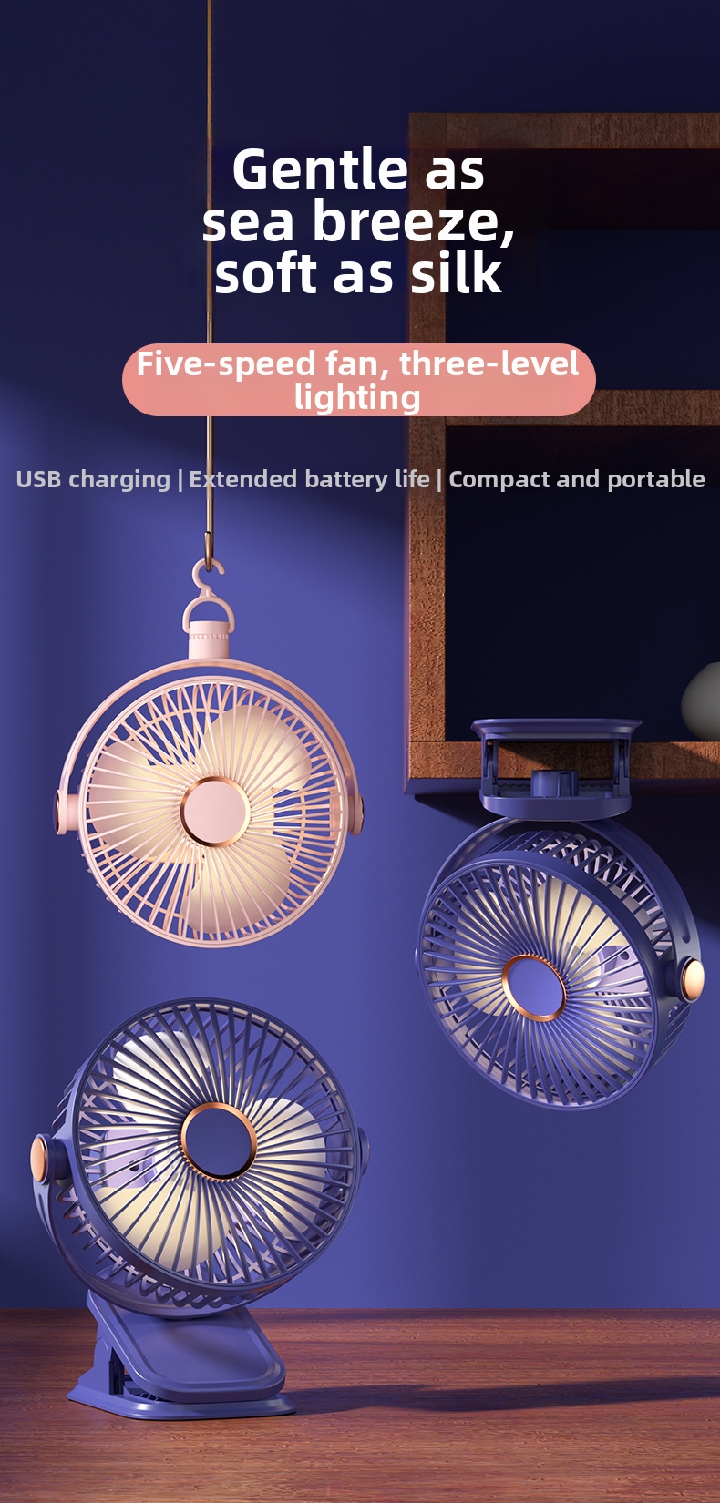 Ventilatore usb con clip portatile e luce ricaricabile studenti_voghion.com
