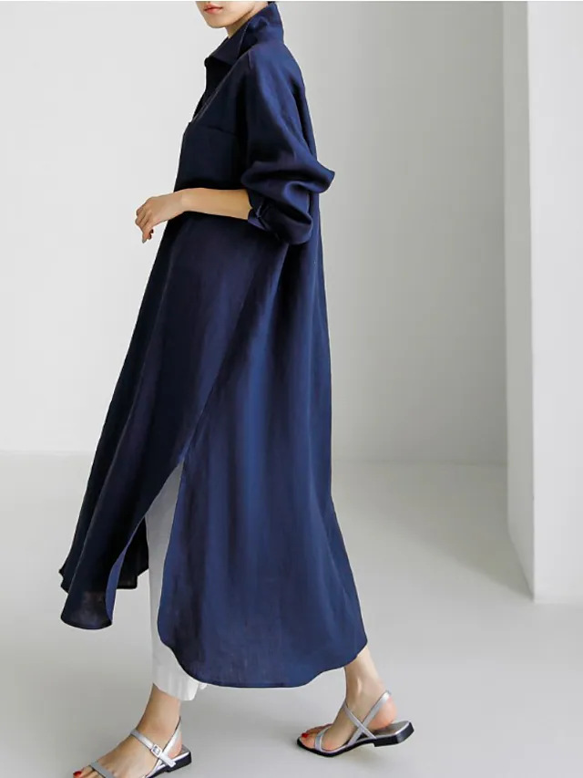 Women's Loose Cotton Linen Shirt Dress Long Irregular Cardigan_ecoleips.com