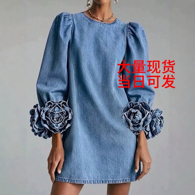 26 Cross-border European and American Amazon three-dimensional rose cuff puff sleeve printed faux denim dress with a stylish straight cut design
