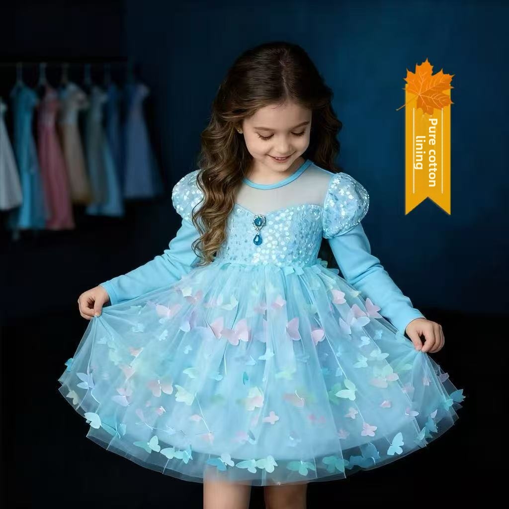 Frozen Princess Dress For Girls Autumn Long Sleeved Children's Puffy Skirt With Butterfly Wings Toddler Clothing 3-7 Years_voghion.com