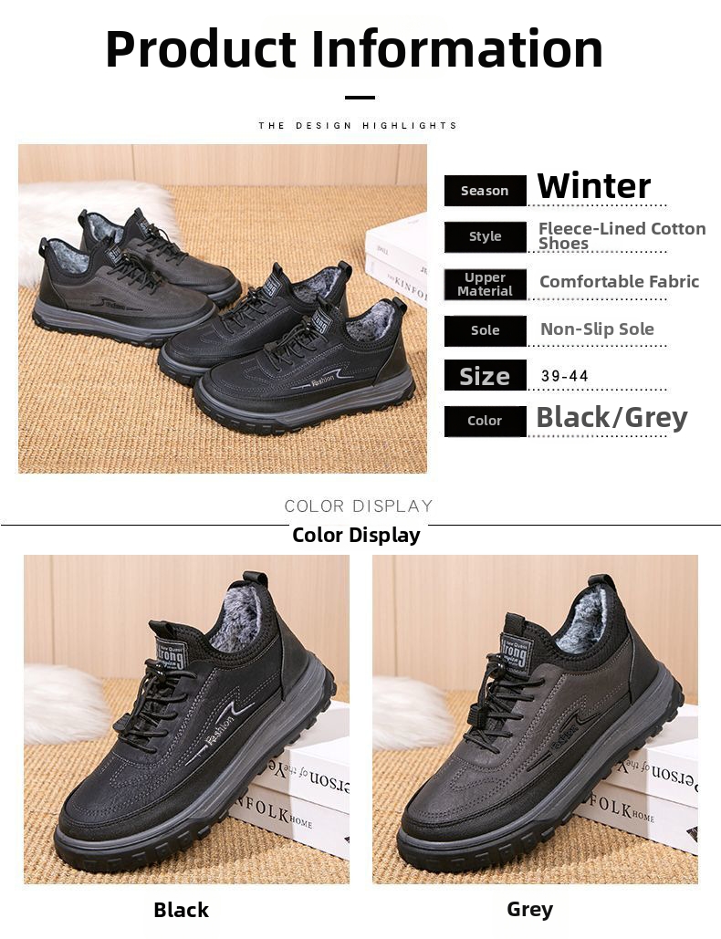 Scarpe Oxford invernali in cotone foderate in pile, nere, spesse, antiscivolo, con suola morbida, calde, per persone di mezza età e anziane, con lacci, in pelle scamosciata PU e microfibra_voghion.com