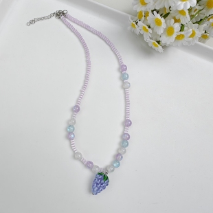 New Cute and Sweet Children's Handmade Crystal Powder Bead Fruit Necklace Simulated Grape Pendant Jewelry Girls' Clavicle Chain