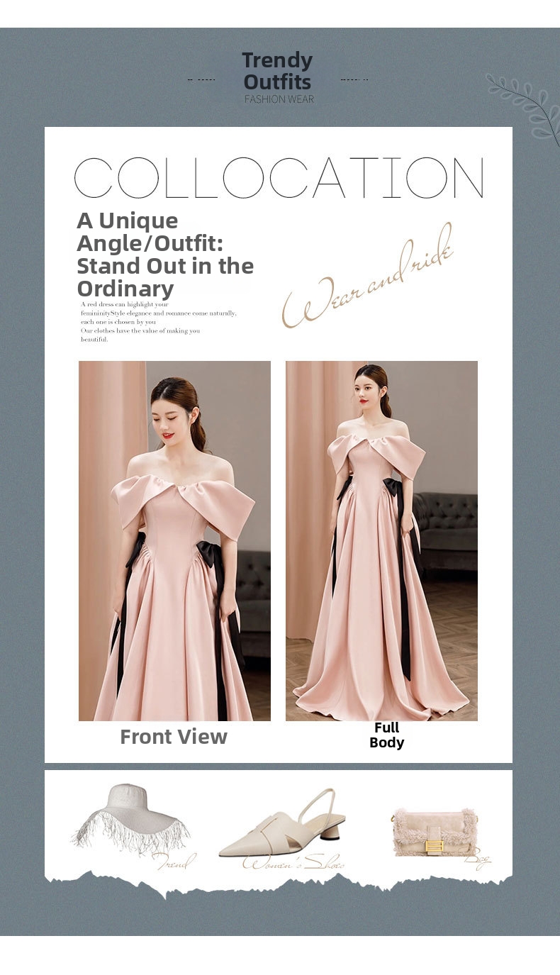 Elegante abito da sera in raso rosa con spalle scoperte per sposa_voghion.com