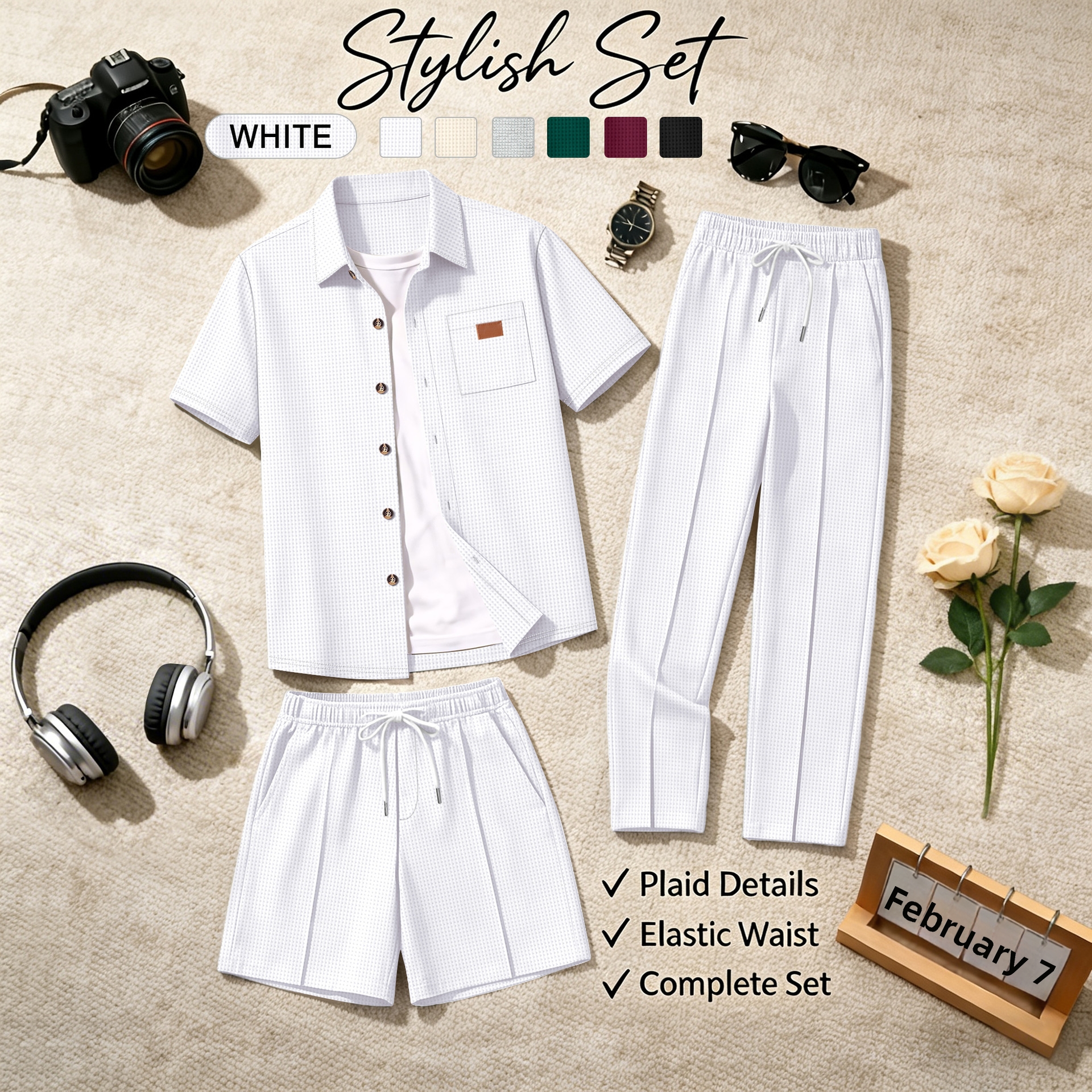 Herren Waffelstrick Dreiteiler Set Für Sommer Und Frühling_voghion.com