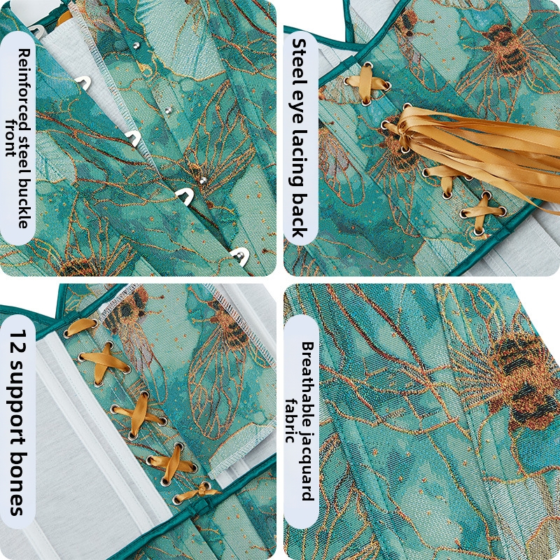 Lente Court Stijl Corset Bodysuit Groene Bij Jacquardstof Afslankende Shapewear Dames Ondergoed en Nachtkleding_voghion.com