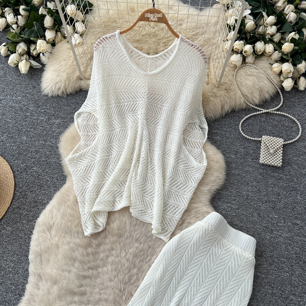 Women's French Style Hollow Knit Two Piece Set Soft Gentle Slim Fit Summer Elegant Commuting Suit_ecoleips.com