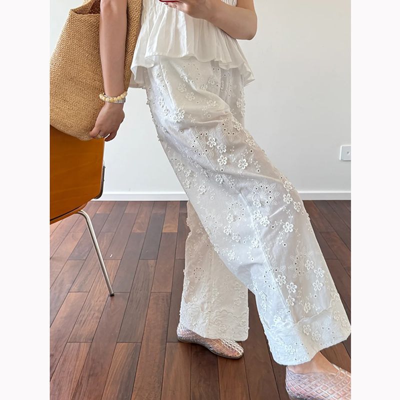 Women's High-Waisted Wide Leg Pants White Lace Openwork Casual Summer Style Thin Loose Fit Straight Leg With Floral Embroidery_ecoleips.com