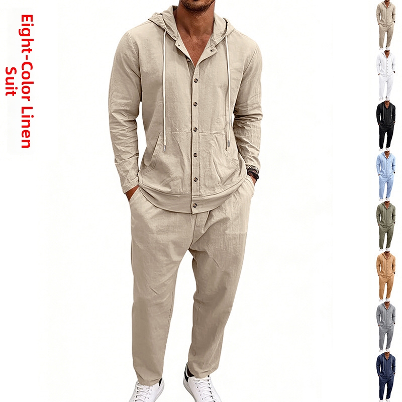 Men's All Season Loose Linen Hooded Long Sleeved Shirt And Trousers Suit Casual Vacation Style Clothing Set_viptrois.com