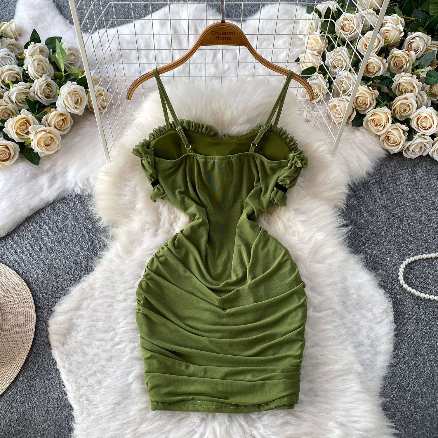 Women's Flirty Ruffled Tube Top Bodycon Mini Dress With Spaghetti Straps For Summer_ecoleips.com
