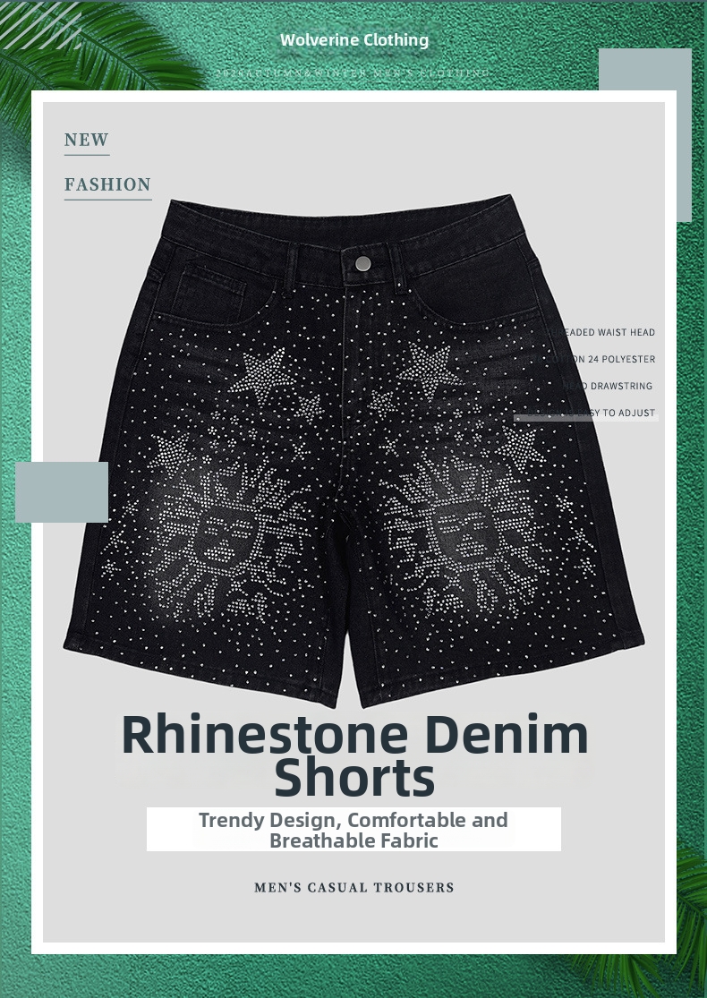 Unisex Black High-Waisted Rhinestone Embellished Denim Shorts - Gothic Style Distressed Jeans Shorts For Women Men_viptrois.com