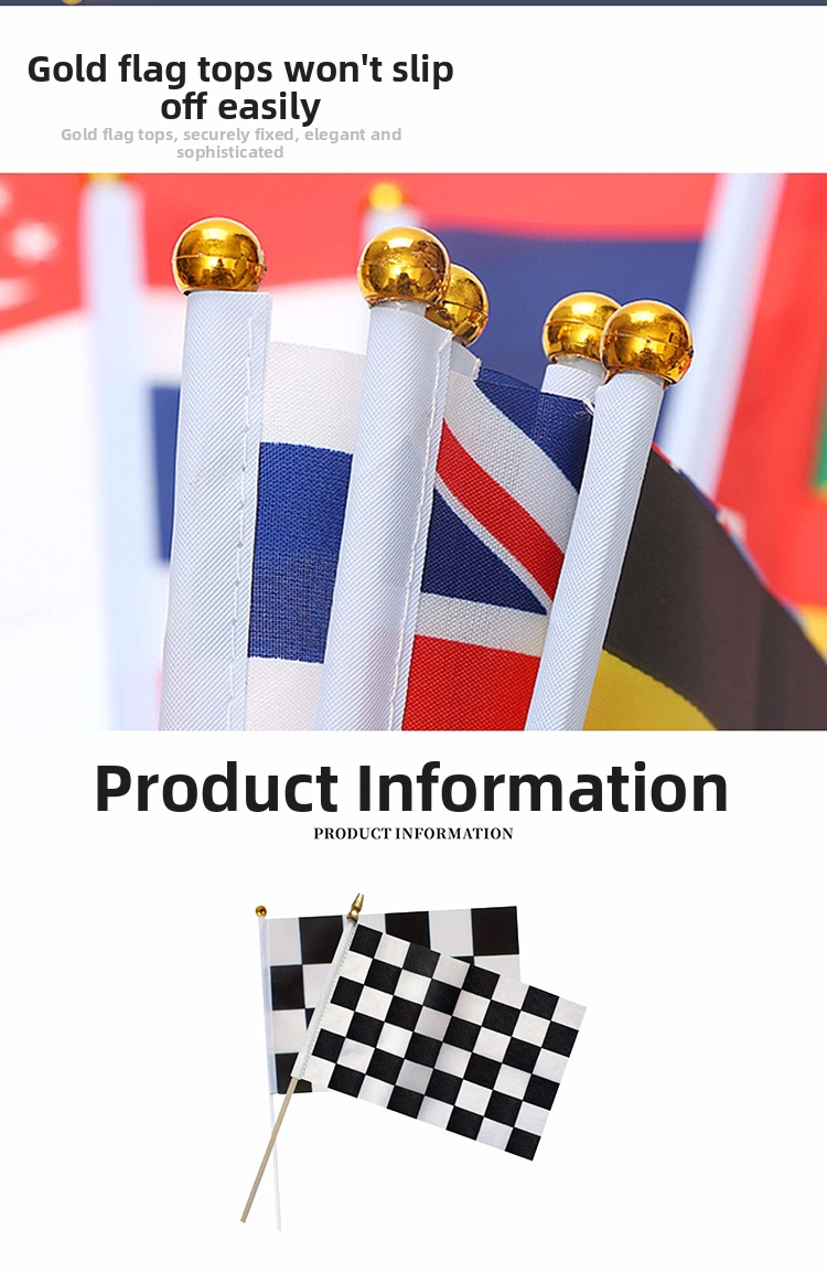 Schwarz-weiß karierte F1-Rennflagge mit Handflagge und goldenem Holzmast_voghion.com