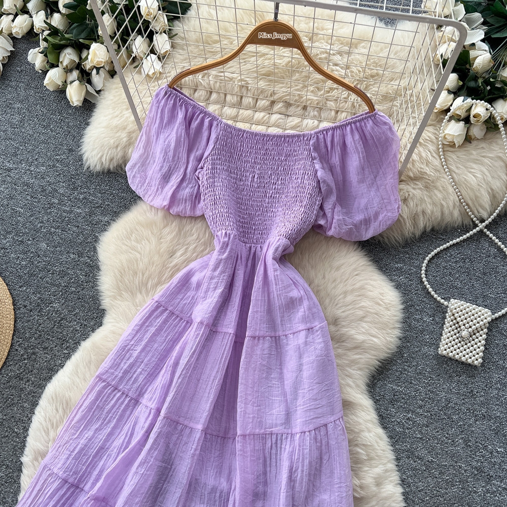 Women's French Style Off-Shoulder Puff Sleeve A-Line Maxi Dress Elegant Slimming Summer Vacation Dress_ecoleips.com