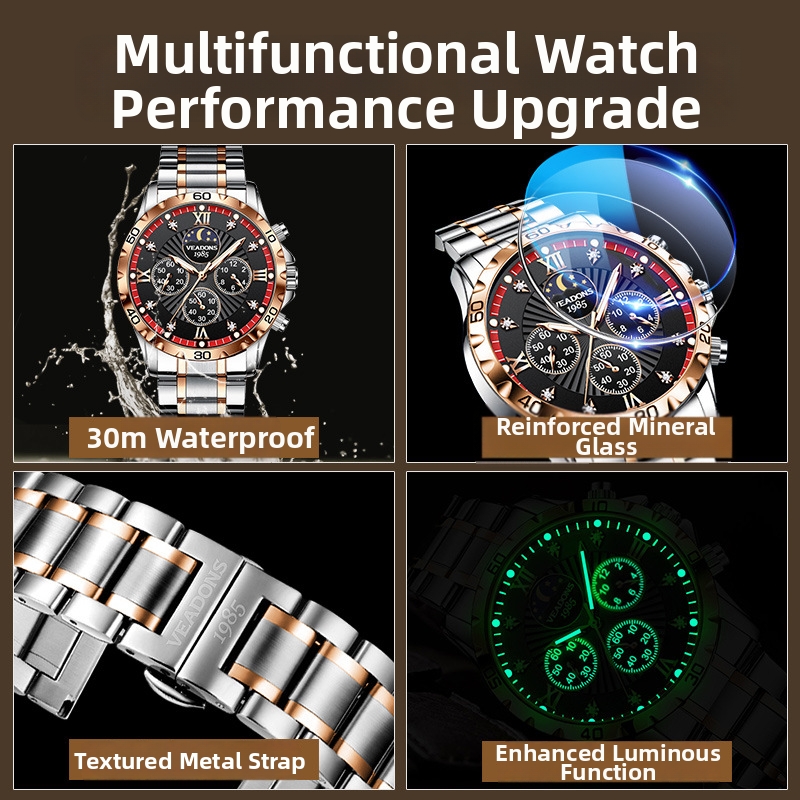 Multifunktionale Herren-Quarzuhr mit Mondphasen-Chronograph, Leuchtzeigern, wasserdichtem Edelstahlarmband und Diamantbesatz – Business-Uhr_voghion.com