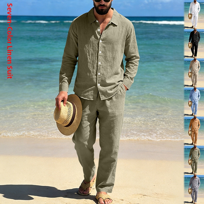 Men's Linen Shirt And Pants Set, Relaxed Fit Long Sleeve Button-Down Shirt With Straight Leg Trousers For Casual Commute And Beach Style_viptrois.com