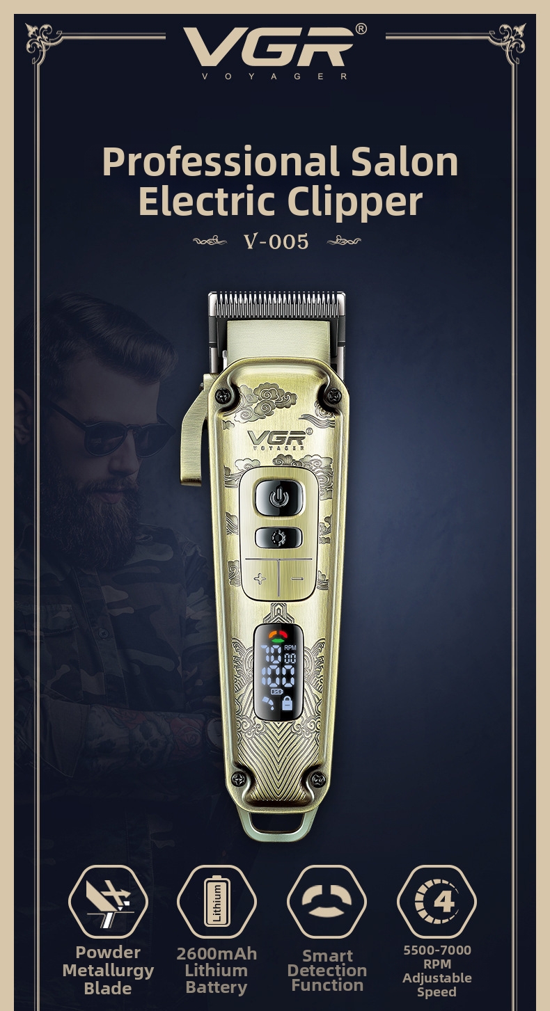VGR005 Retro Electric Hair Clipper LCD Digital Display Professional Salon And Home Use Rechargeable Metal Hair Clipper_voghion.com