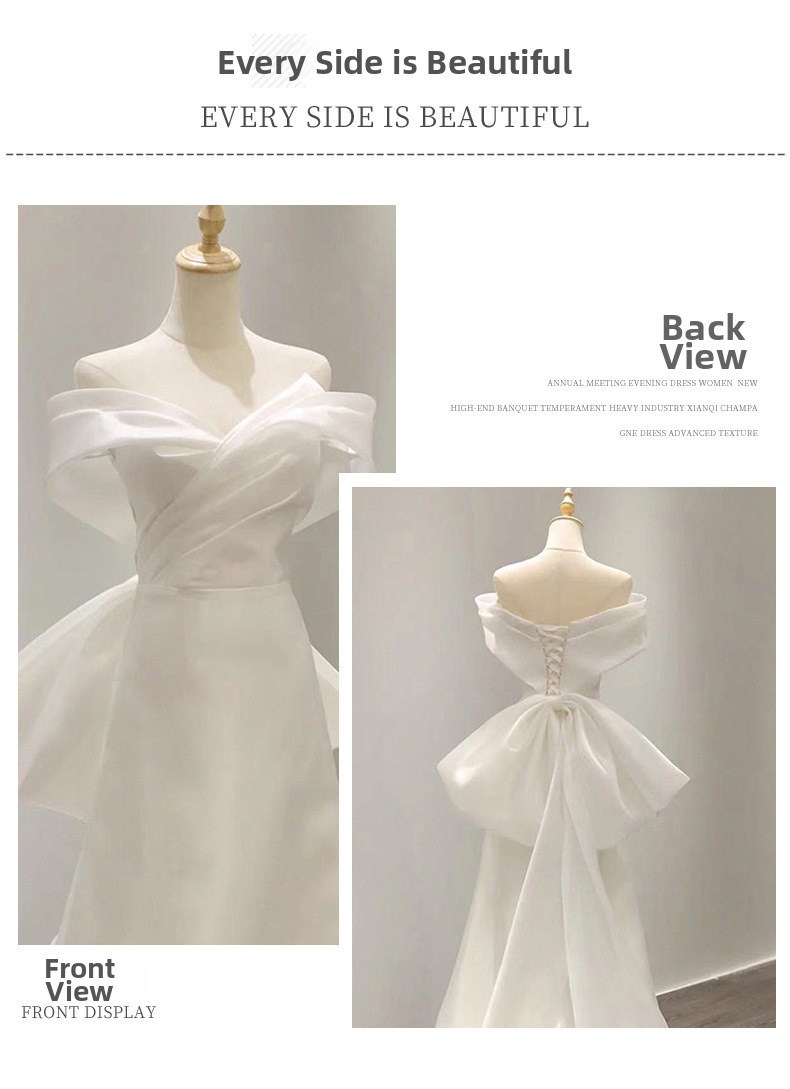 French Mermaid Style Satin Wedding Dress White Vintage Banquet Gown off the Shoulder with Short Train for Travel Photography_ecoleips.com