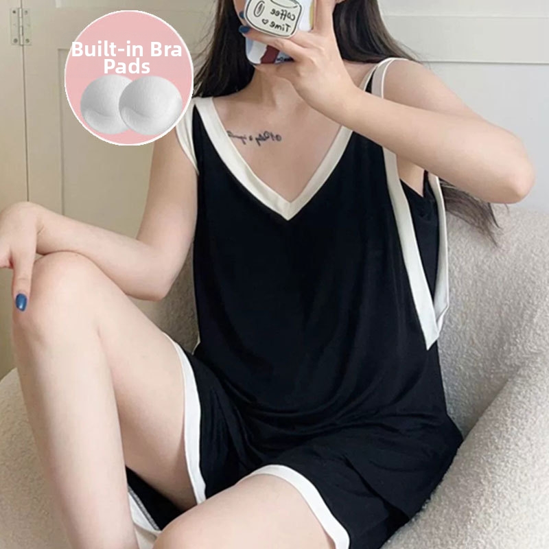 Conjunto pijama verano mujer algodón sin mangas estilo color block_voghion.com