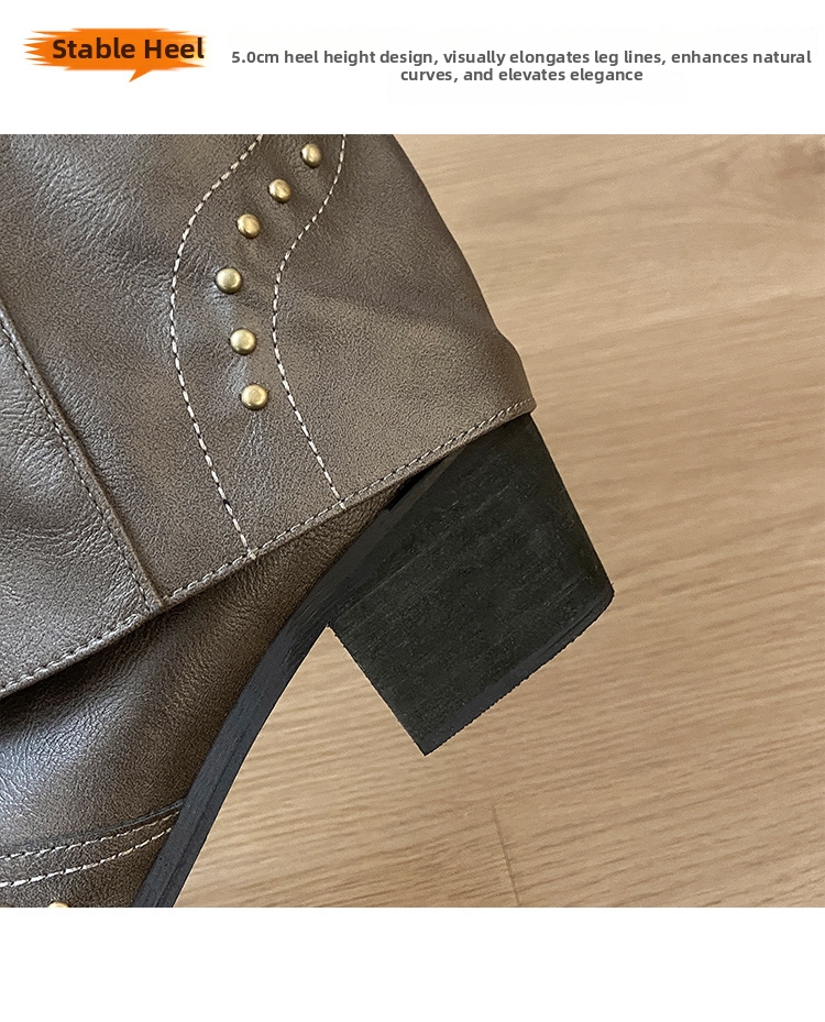 Women's Western Boots Square Toe Chunky Heel Brown Studded Style_voghion.com