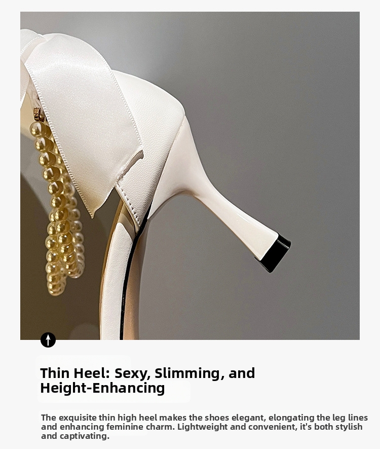 Women's French Style Elegant High Heels Pointed Toe Hollow Pearl Chain Bow Stiletto Pumps White Wedding Shoes Chunky Heel Plus Size_vogvips.com