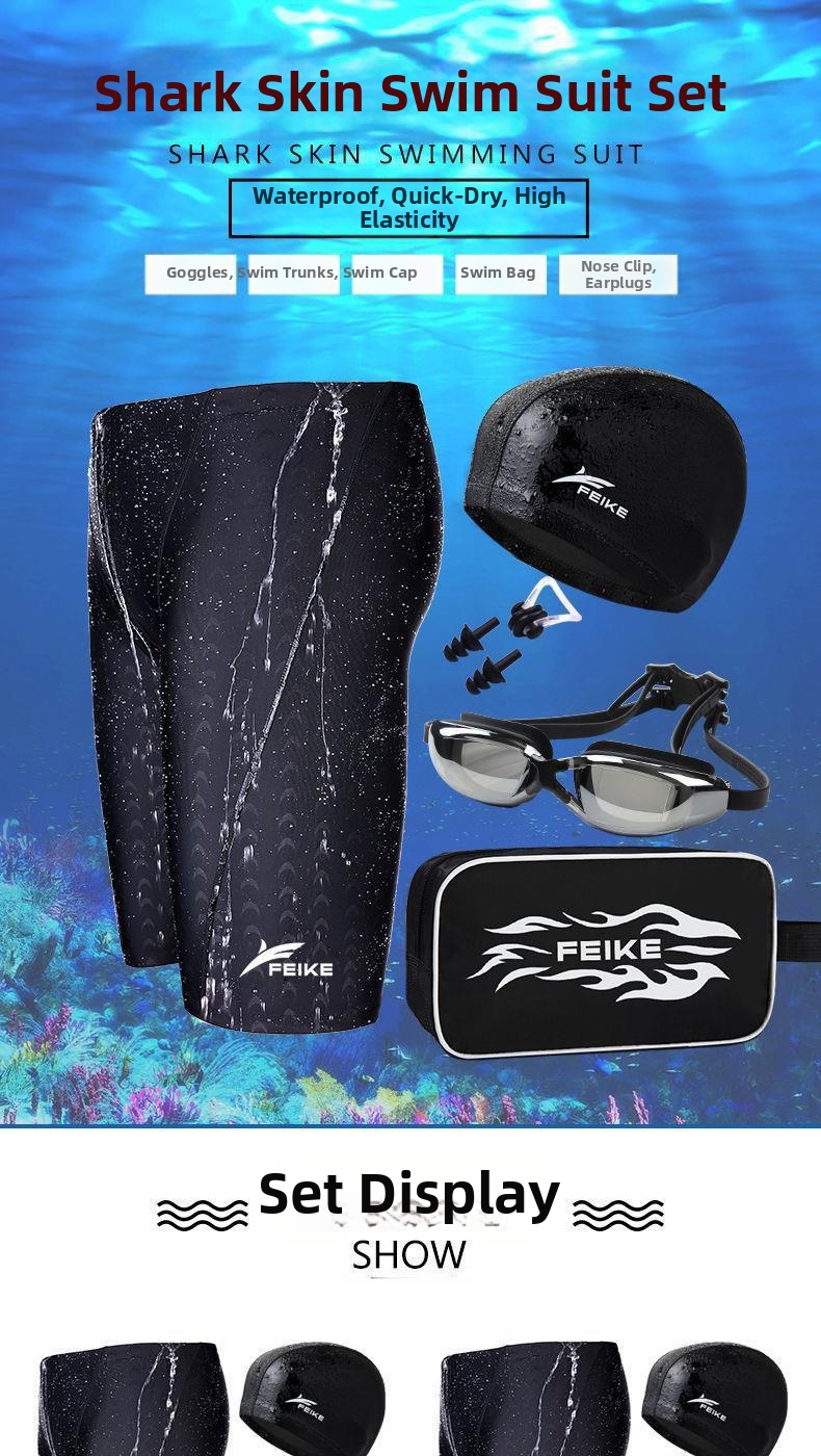 Ensemble de natation pour homme : maillot de bain imperméable à séchage rapide, imitation peau de requin, avec lunettes et bonnet._voghion.com