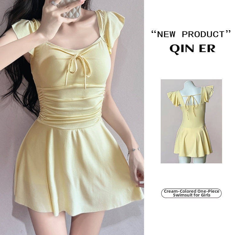 Women's One Piece Swimsuit Solid Color Sweet Dress Style Conservative Slimming Flattering Hides Belly Fat Suitable For Students Hot Spring_voghion.com