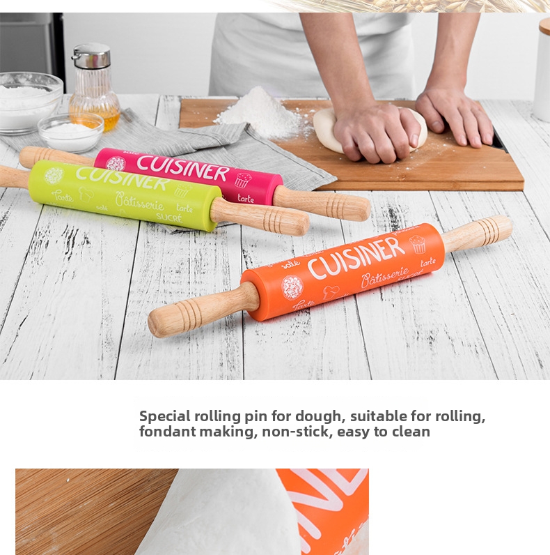 Rolling Pin With Wooden Handle Non Stick Food Grade Silicone_voghion.com