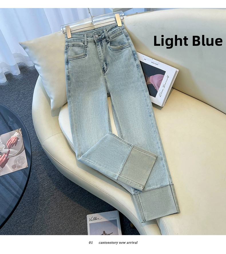 Women's Slim Fit Straight Leg Jeans Stretchy Cuffed Cropped Baguette Pants Spring Autumn Popular Style_mkmklike.com