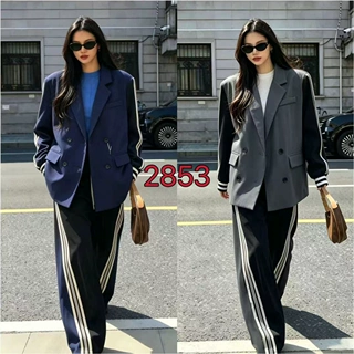 2025欧美春款长袖拼接双排扣西装套装 休闲宽松两件套2853款