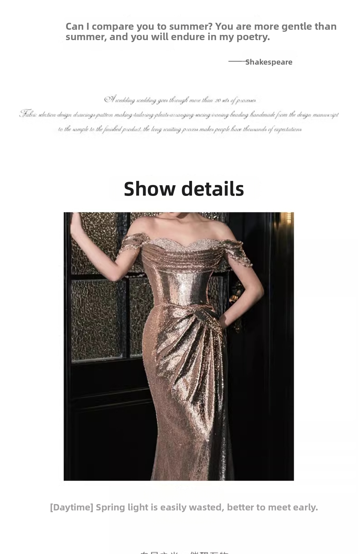 Robe de soirée sirène élégante à sequins dorés épaule dénudée_voghion.com