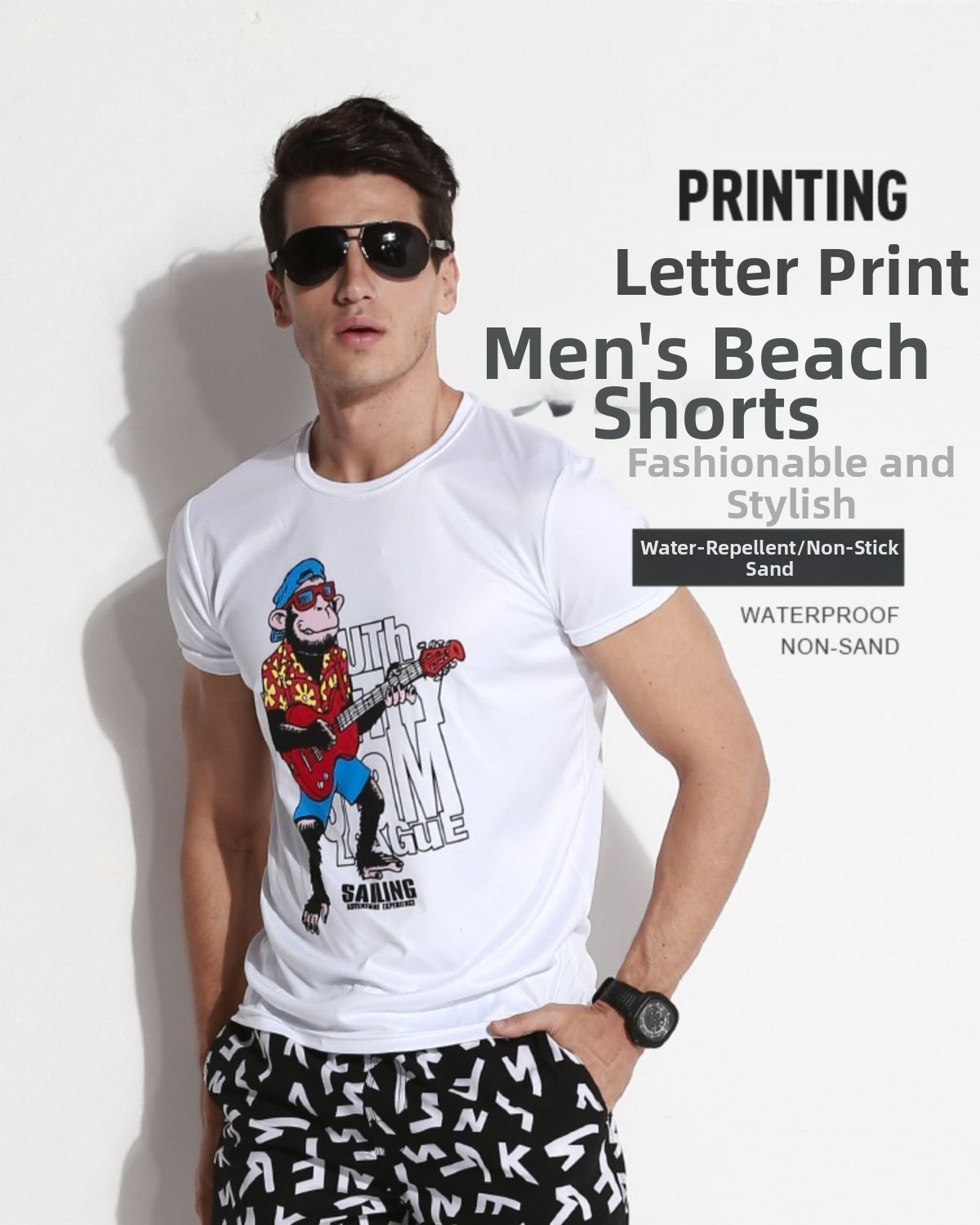 Men's Summer Streetwear Letter Print Shorts Loose Fit Casual 5-Inch Inseam Straight Leg Beach Shorts_viptrois.com