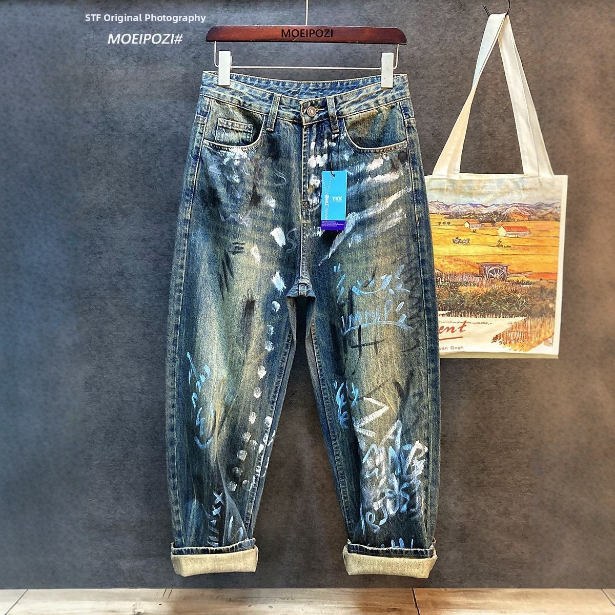 Men's Clothing Trendy Graffiti Printed Loose Straight Leg Jeans Personalized Washed Trousers Streetwear Jeans_mkmklike.com